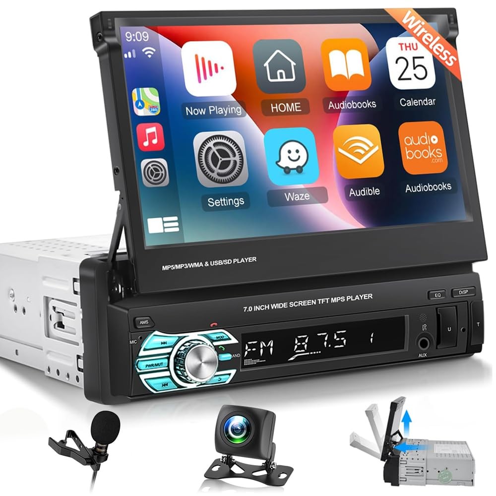 Single Din Car Radio with Bluetooth, Wireless Carplay ＆ Android Auto, 7 Inch …
