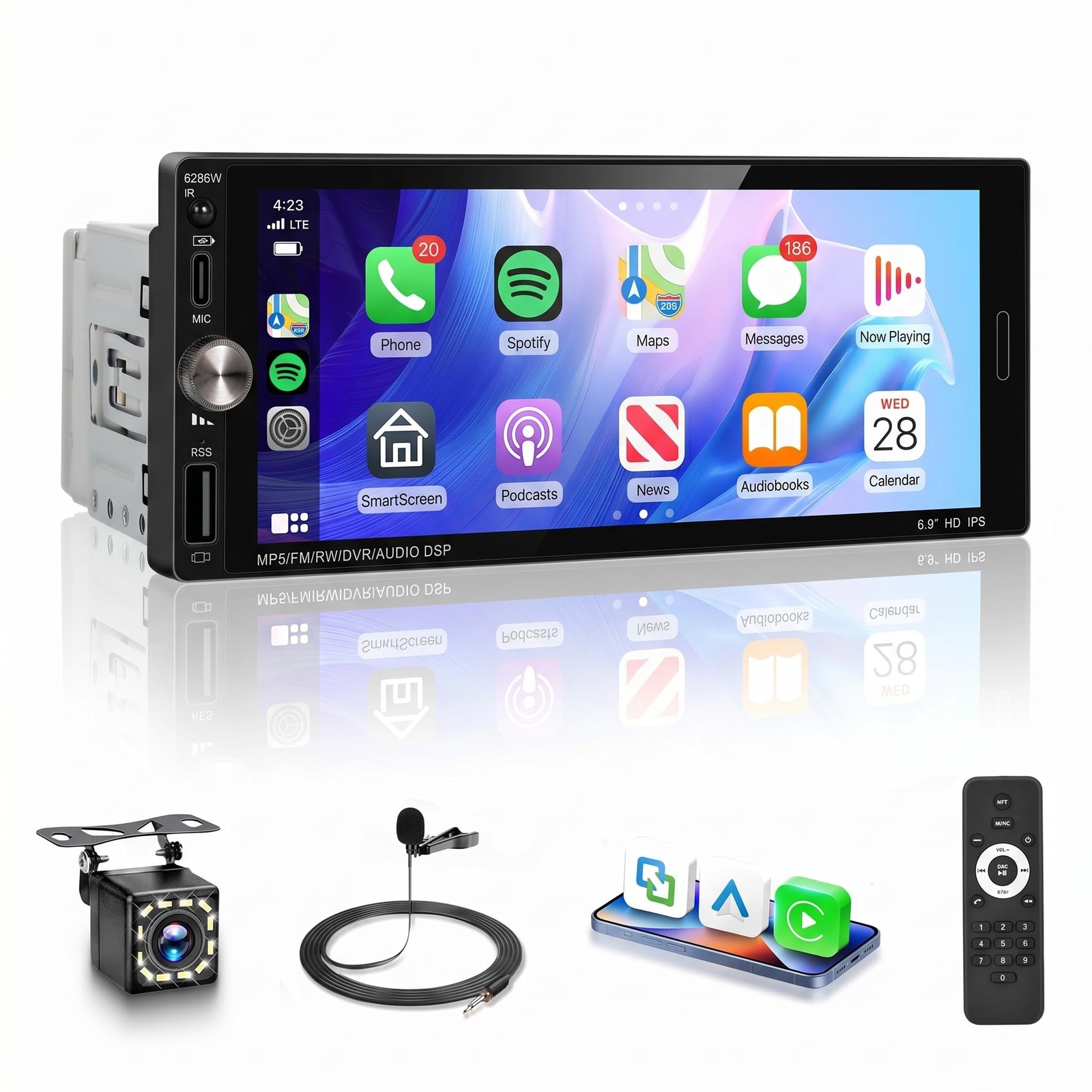Single Din Car Radio Stereo Wireless Carplay & Android Auto, 6.9″ HD IPS Touc…