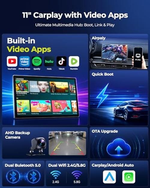 11″ Carplay Screen for Car, Built-in YouTube/TikTok, Extra Large