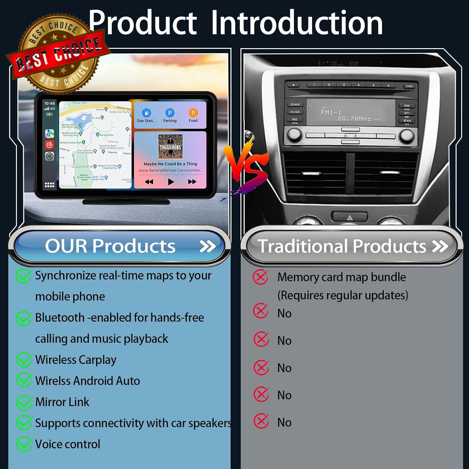 Wireless Carplay Screen for Car, 7″ HD Portable Stereo Touchscreen with Apple Ca
