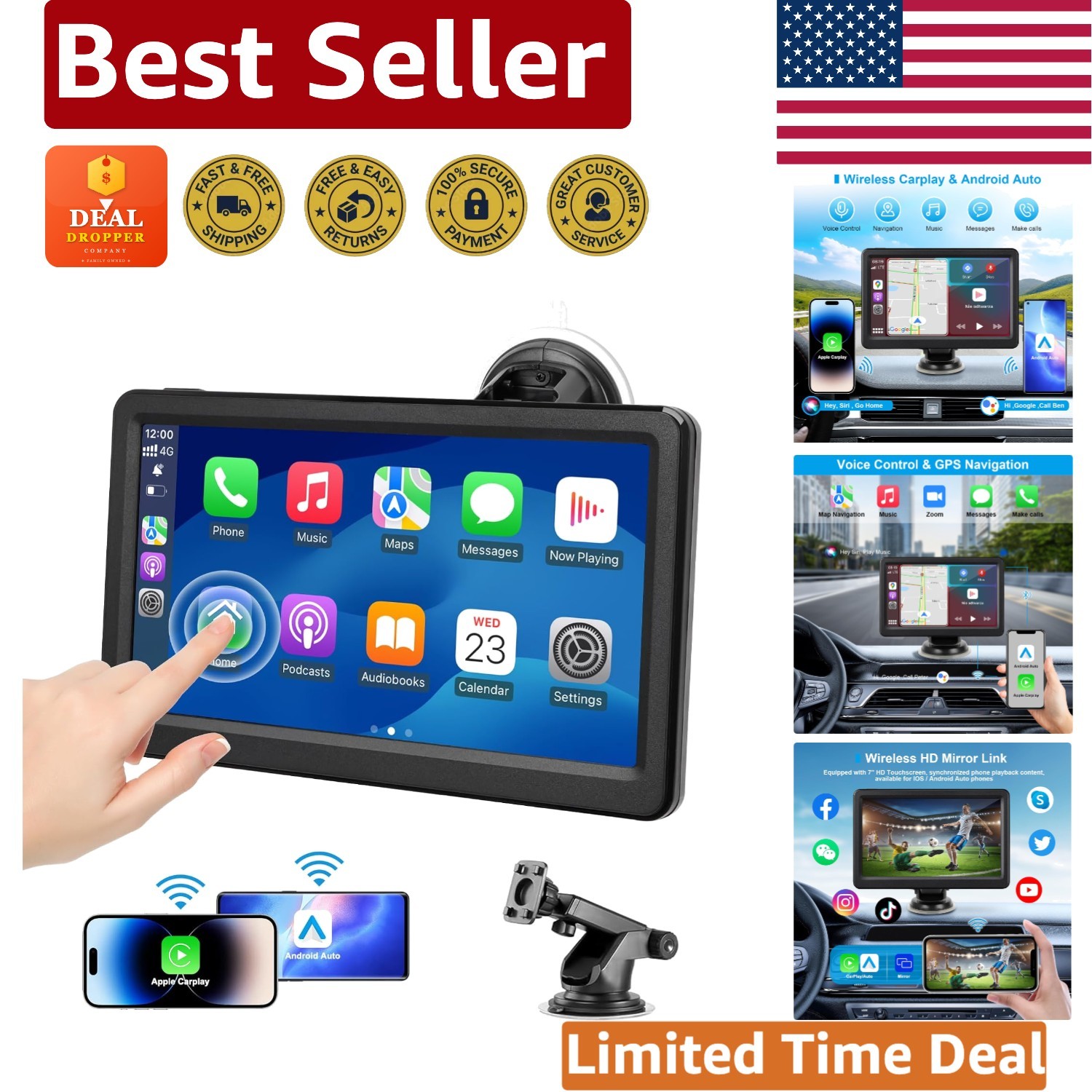7-Inch Touchscreen Carplay Screen with AUX & FM for Advanced Playback