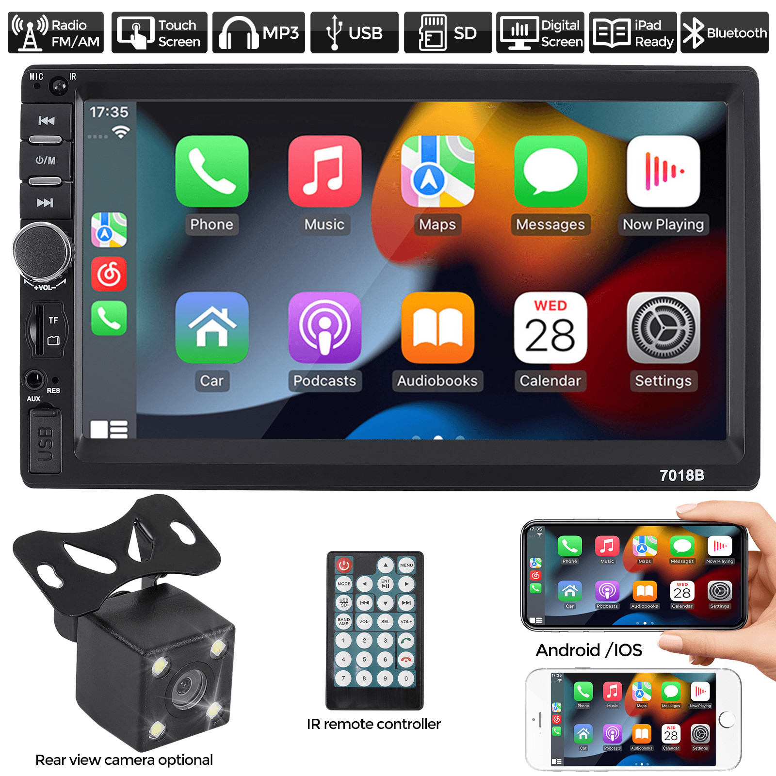 7″ Double Din Touch Screen Apple Android Auto Car Stereo Radio Bluetooth
