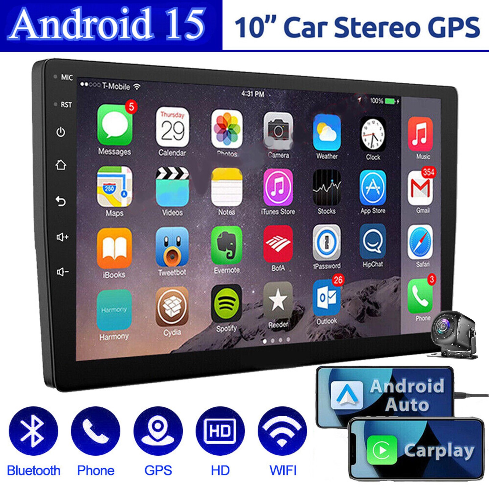 10″ Car Stereo Radio 4+64GB Android 15 Carplay FM GPS WiFi USB MP5 Player 2 DIN
