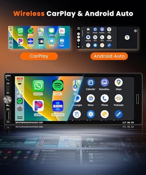 Single DIN Carplay Radio Wireless Android Auto, 6.9-Inch IPS Touchscreen Car