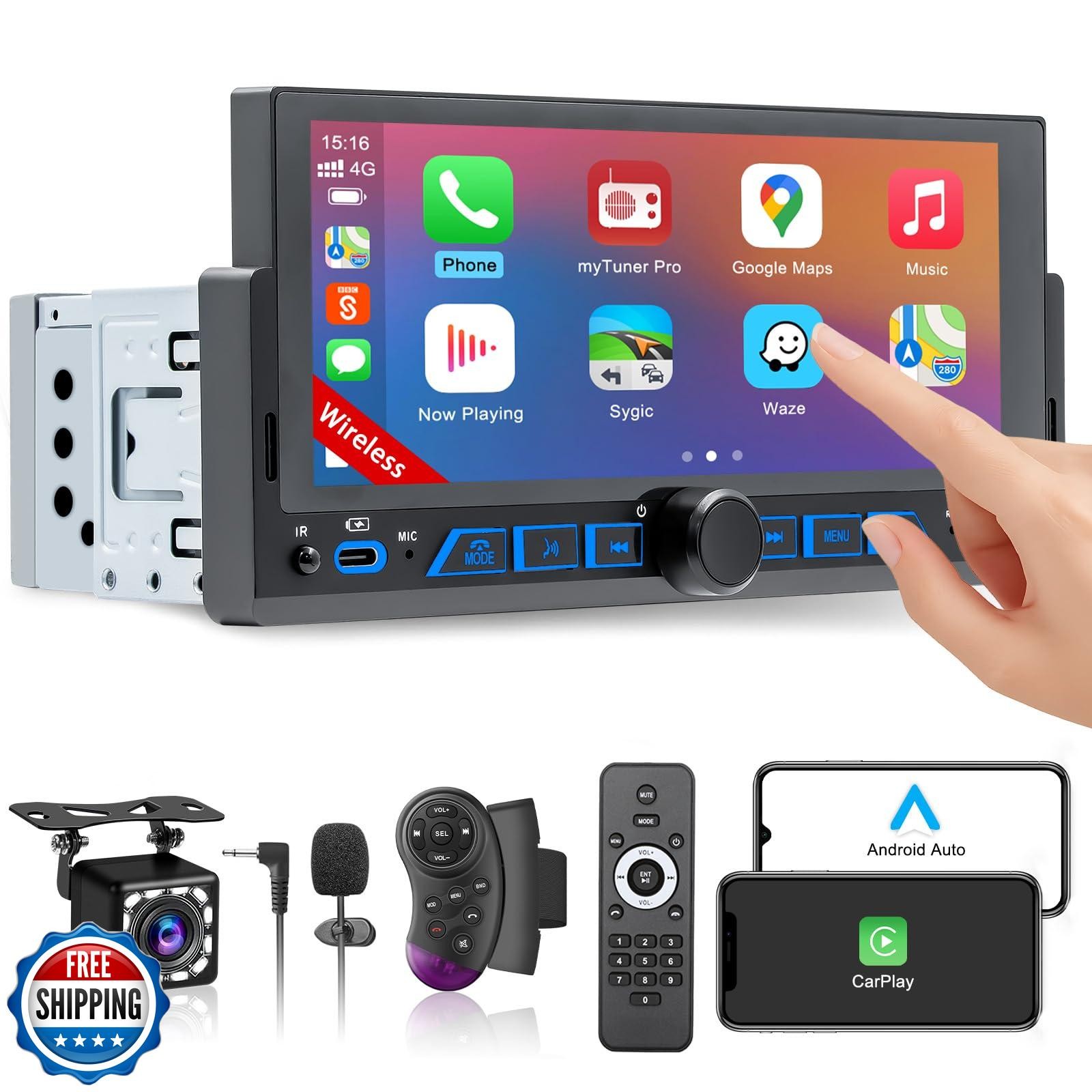 6.86″ Wireless Single Din Touchscreen Radio Apple Carplay Android Auto, Singl