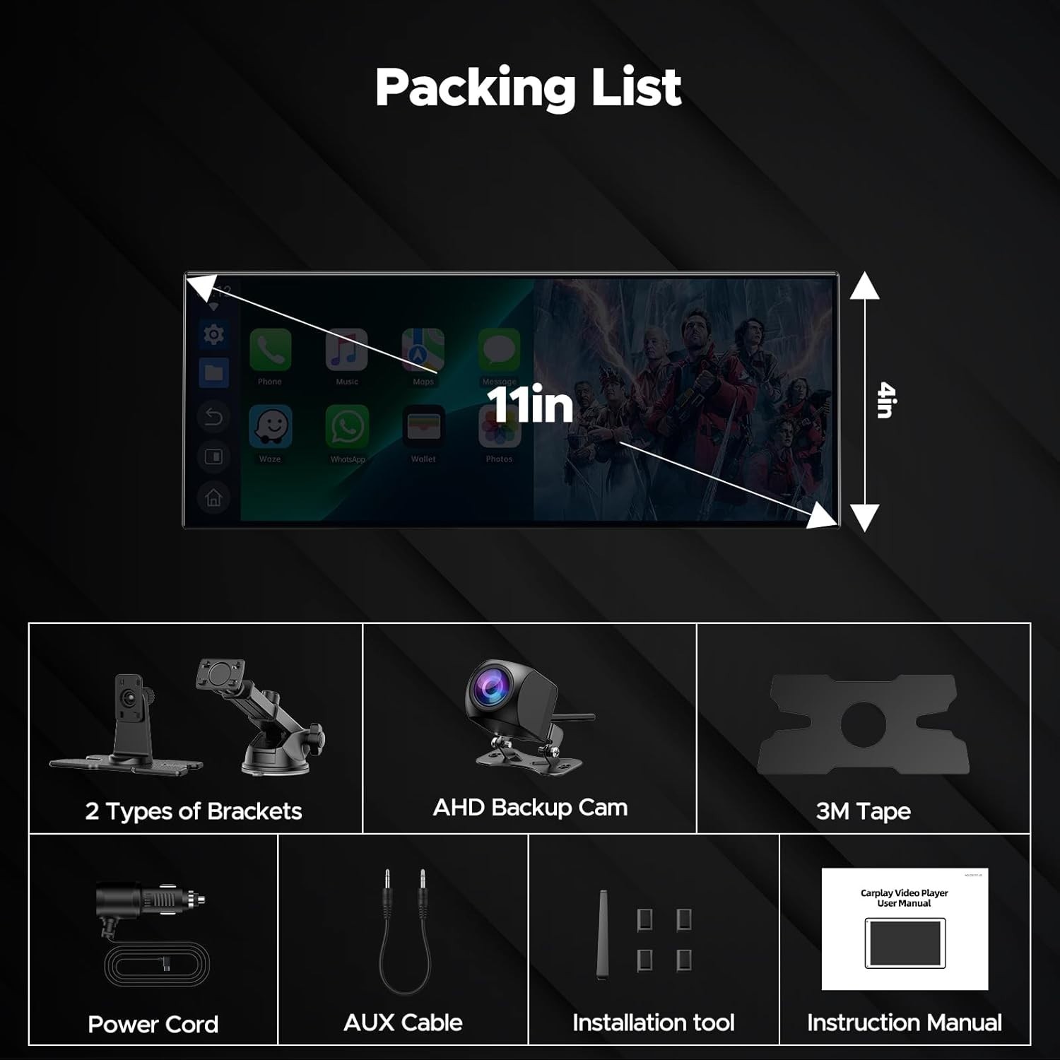 11” Wireless Carplay Screen for Car Built-in Net-Flix YouTube Apps, Portable…