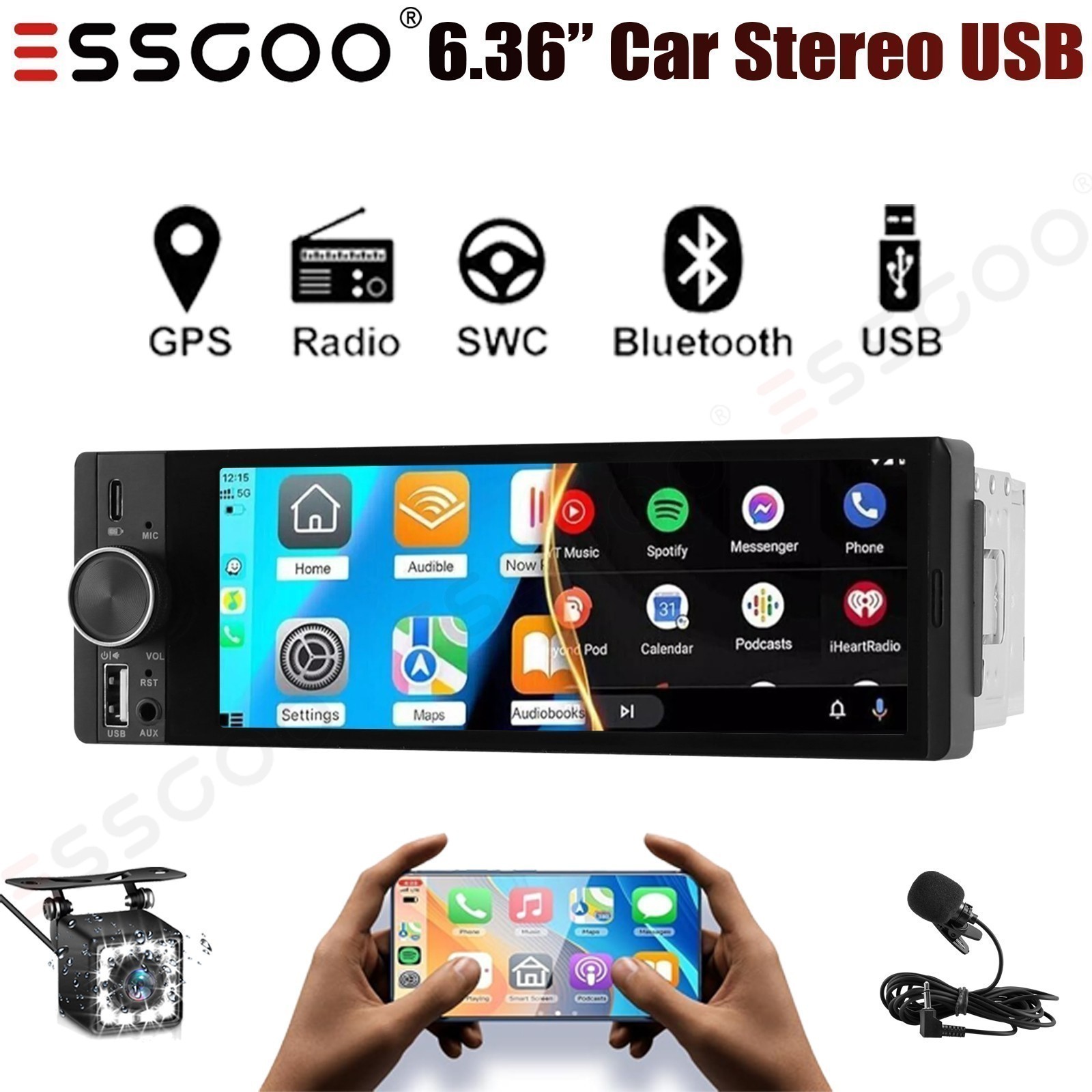 6.36″ Single 1DIN Apple CarPlay Android Auto Car Radio Stereo MIC USB SWC+Camera