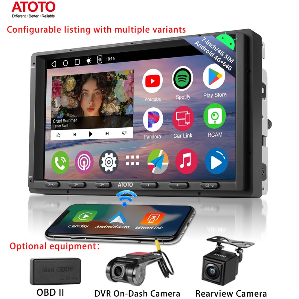 ATOTO A6 4G+64GB Double DIN 7″ Receiver Apple Carplay SiriusXM DVR On-Dash OBDII