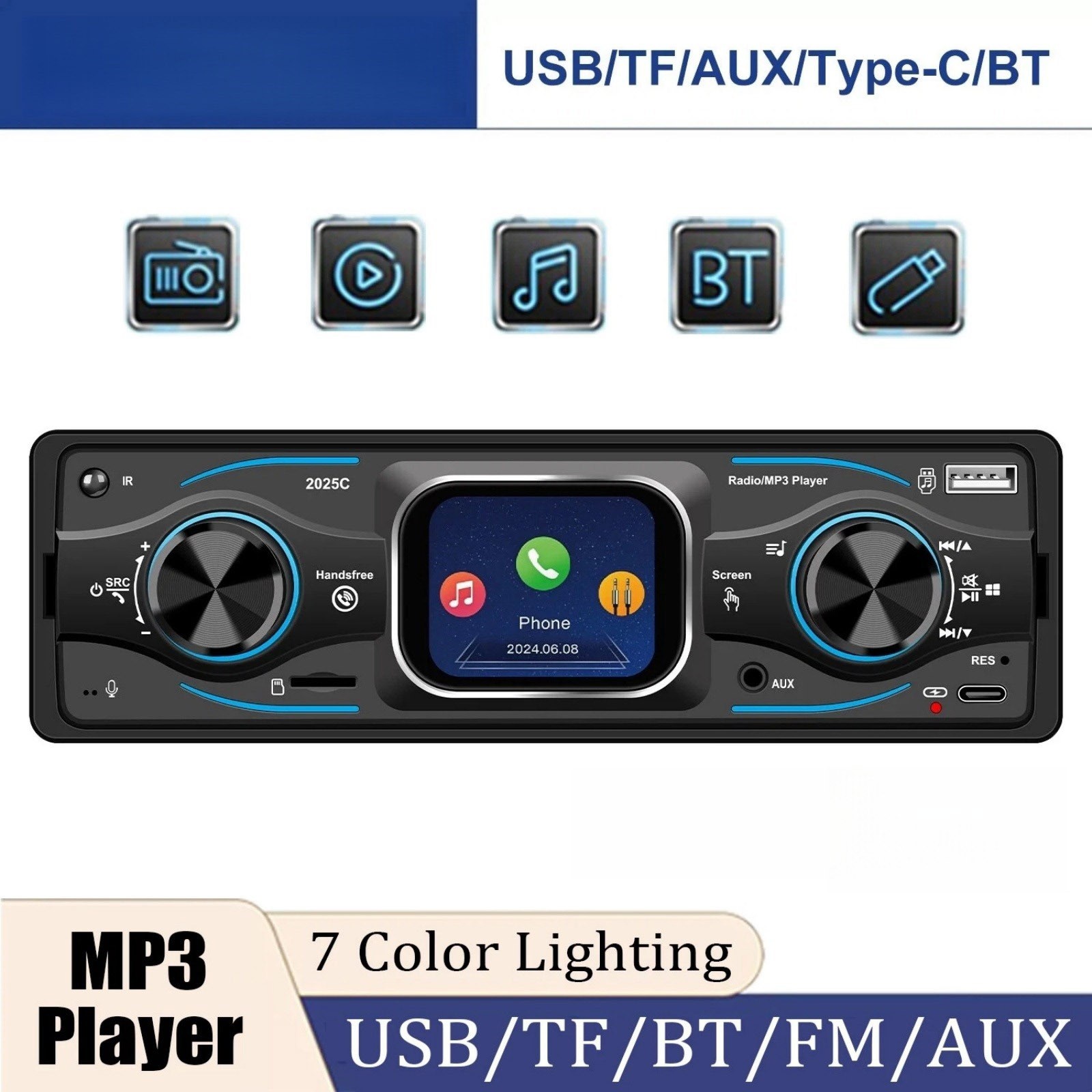 1DIN Car Radio with LED Segment Display, 7 Colors Blue Red Yellow Purple Green