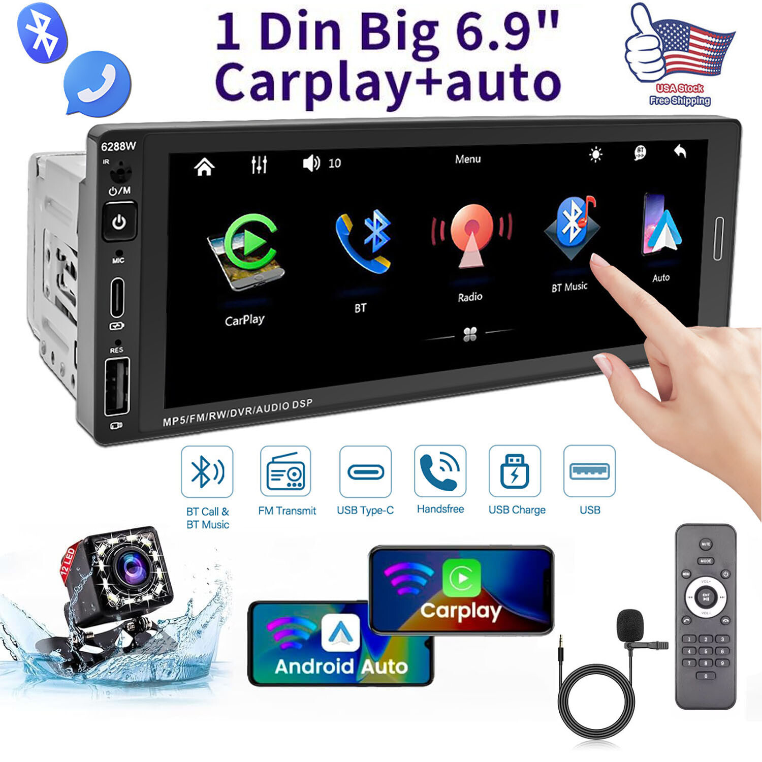 Single Din Car Stereo Wireless Apple CarPlay 6.9 touchscreen Bluetooth Radio USB