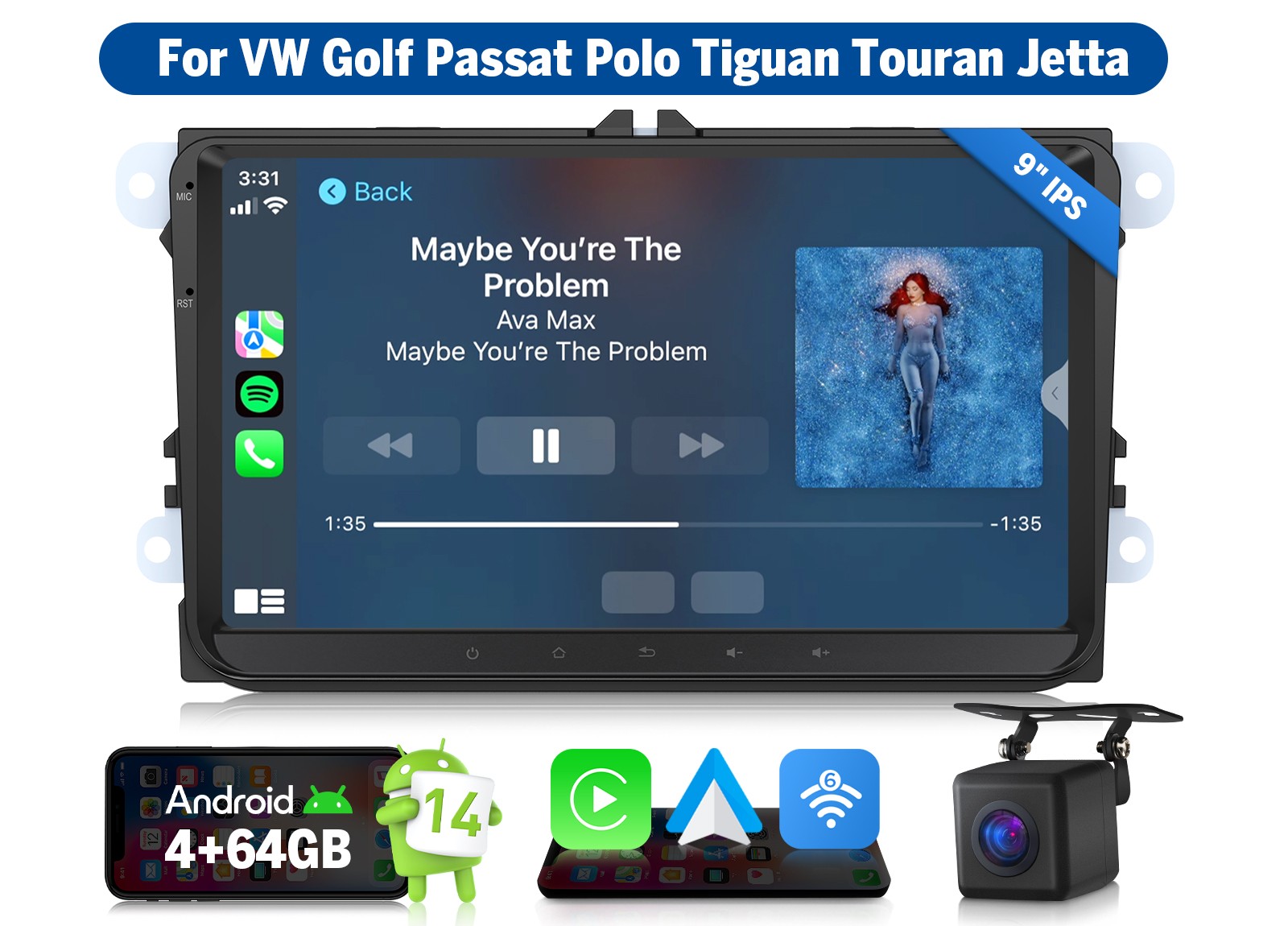9″ Android 14 Car Radio for Volkswagen Jetta Golf Passat Apple CarPlay DSP Radio