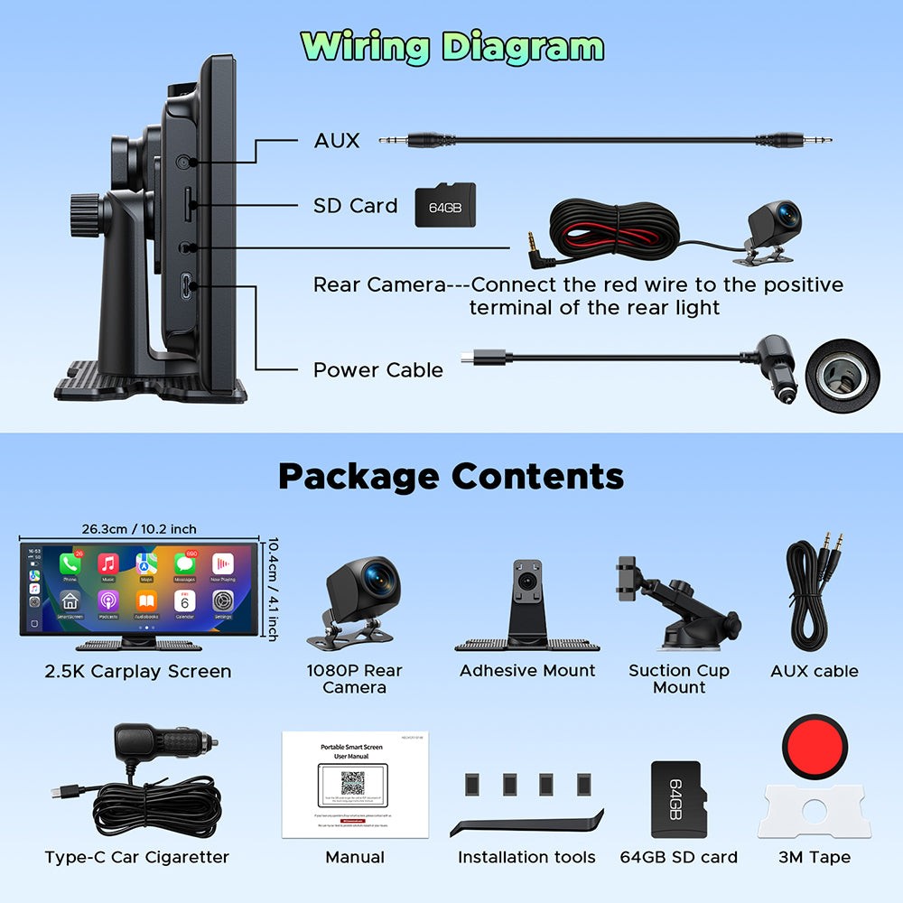 10.25in 2.5K Dash Cam Wireless Apple Carplay Android Auto Car Stereo + Rear Cam