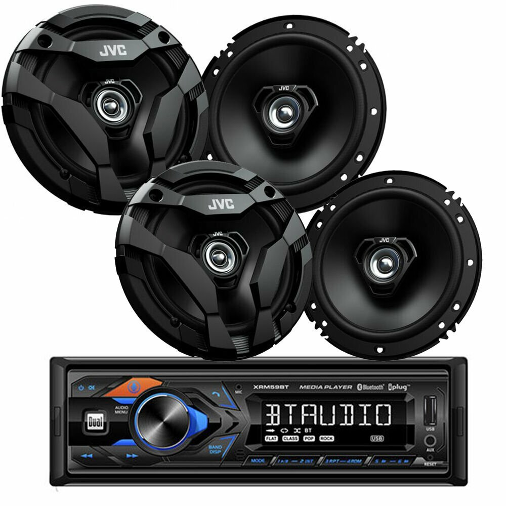 Dual XRM59BT In Dash Single DIN Stereo Receiver + 4) JVC 6.5″ 2-Way Speakers
