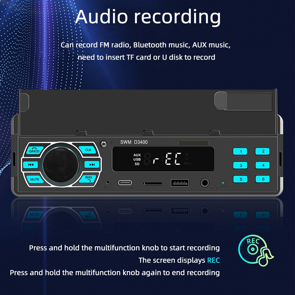 Voice Control Bluetooth TYPE-C USB FM TF MP3 Player Single 1DIN Car Stereo Radio