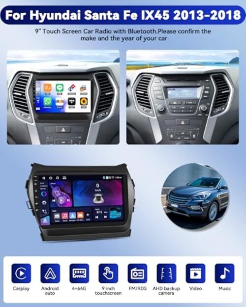 [4G+64G] for Hyundai Santa Fe IX45 2013-2018 Android 15 Car Stereo, 9″ 4+64G