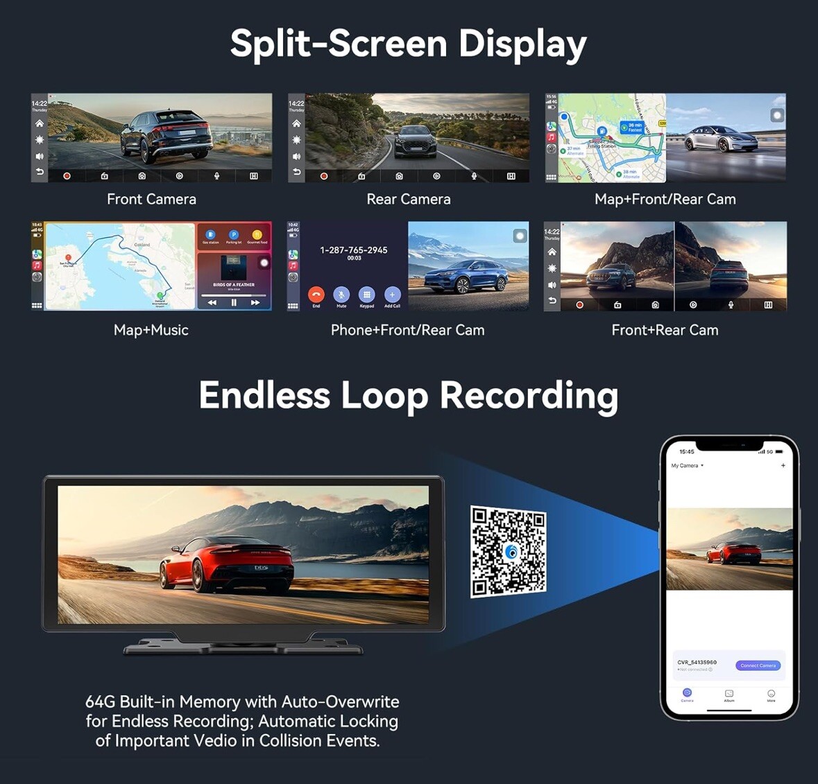 Wireless Carplay Screen, 10.26 inch IPS FHD Touchscreen, Back Up Cam Dash Cam