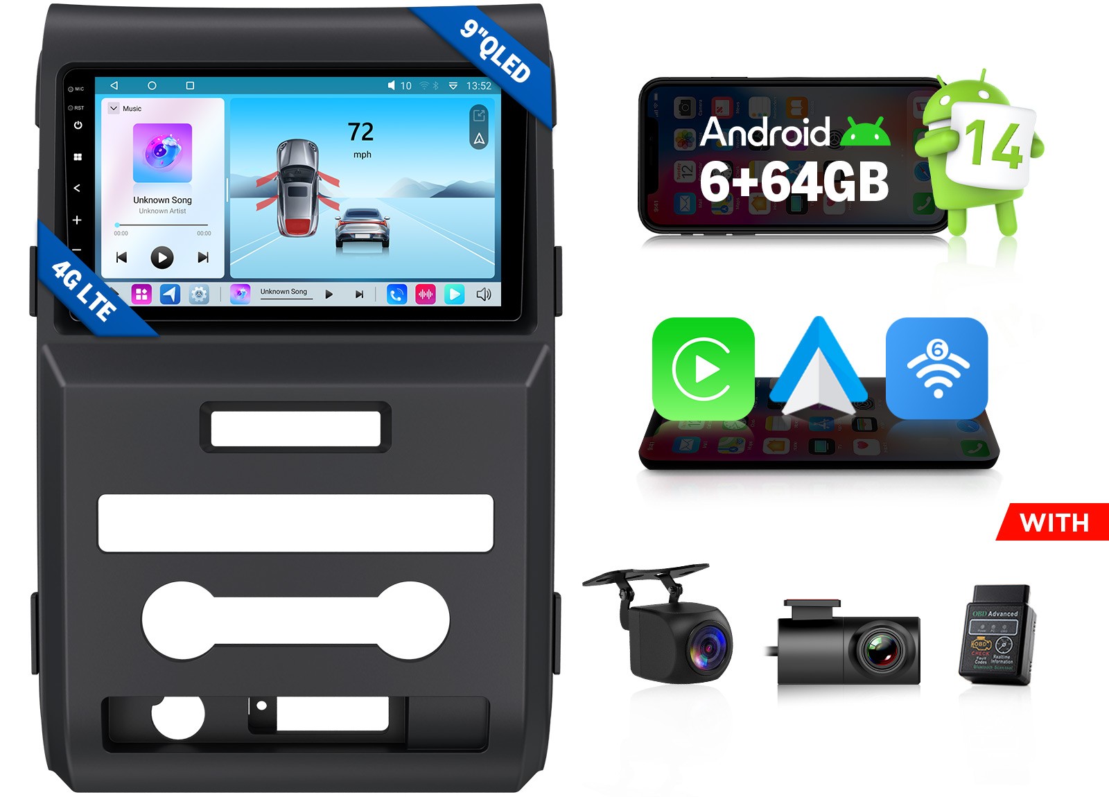 For Ford F150 9″ QLED Android 14 Car Stereo Head Unit CarPlay 6+64GB Touchscreen