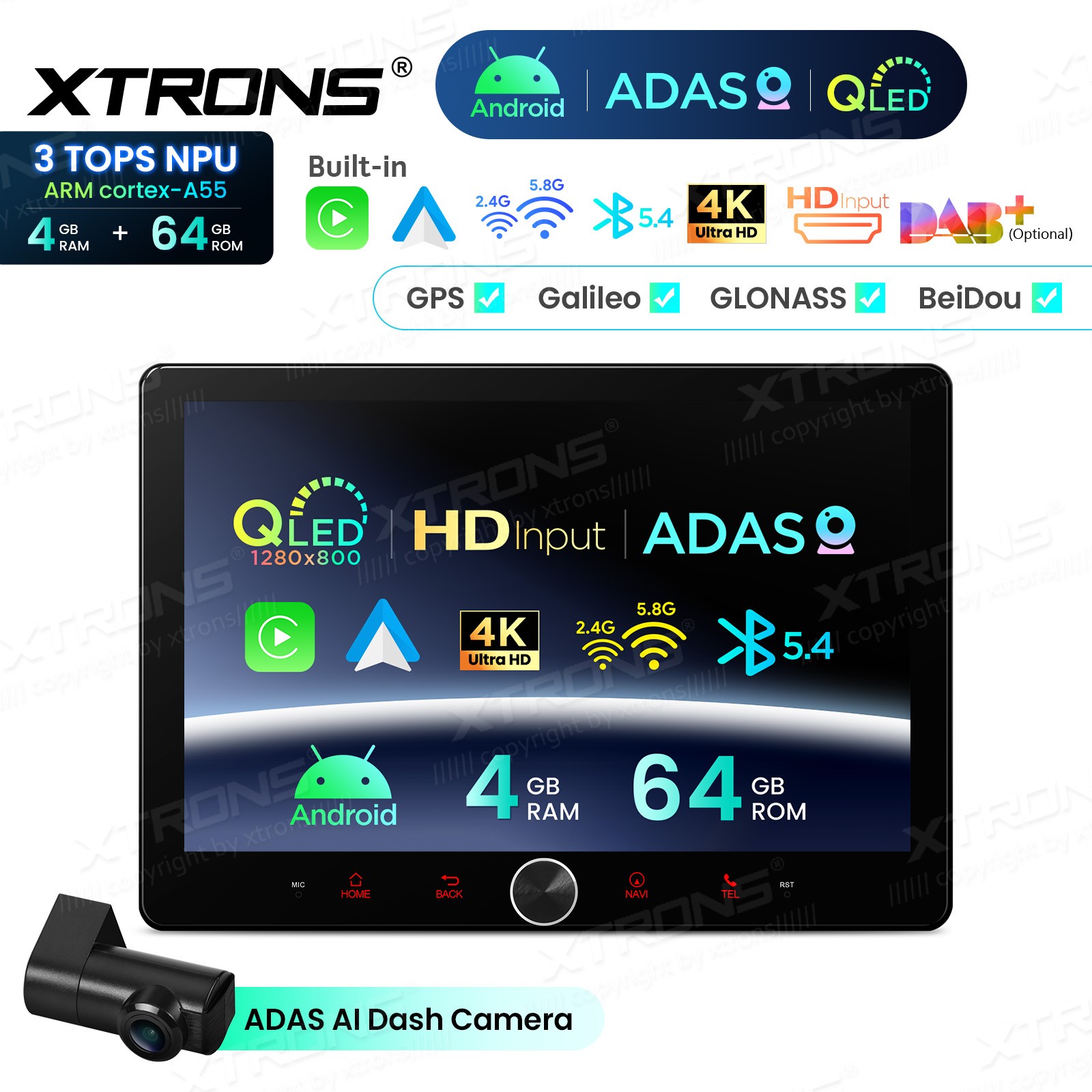 10.1″ QLED 2 DIN AI NPU Android 14 Car Radio Stereo 4+64G CarPlay ADAS Dash CAM