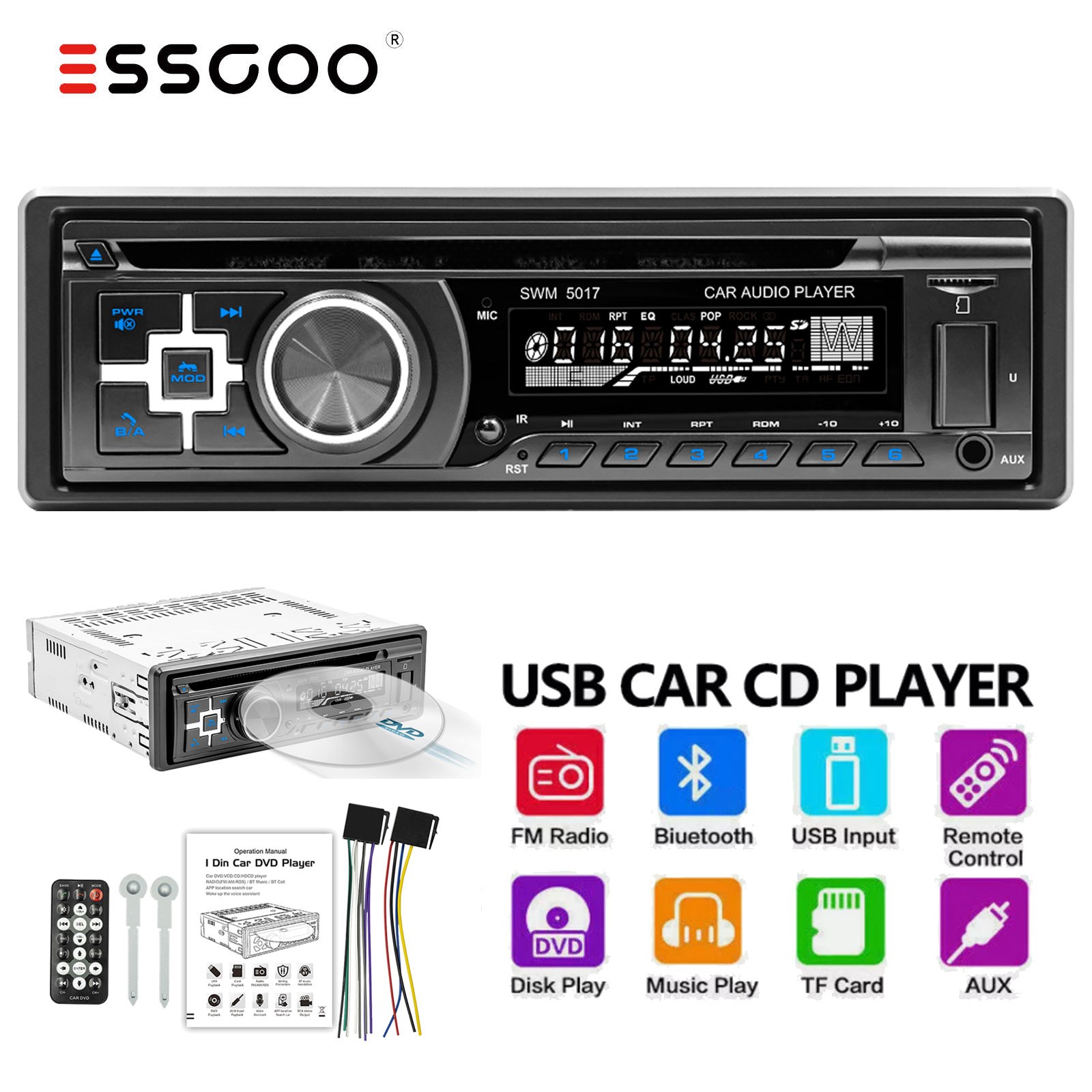 Single DIN Car Stereo FM Radio DVD/CD BT Audio In-dash USB AUX MP3 Head Unit FM
