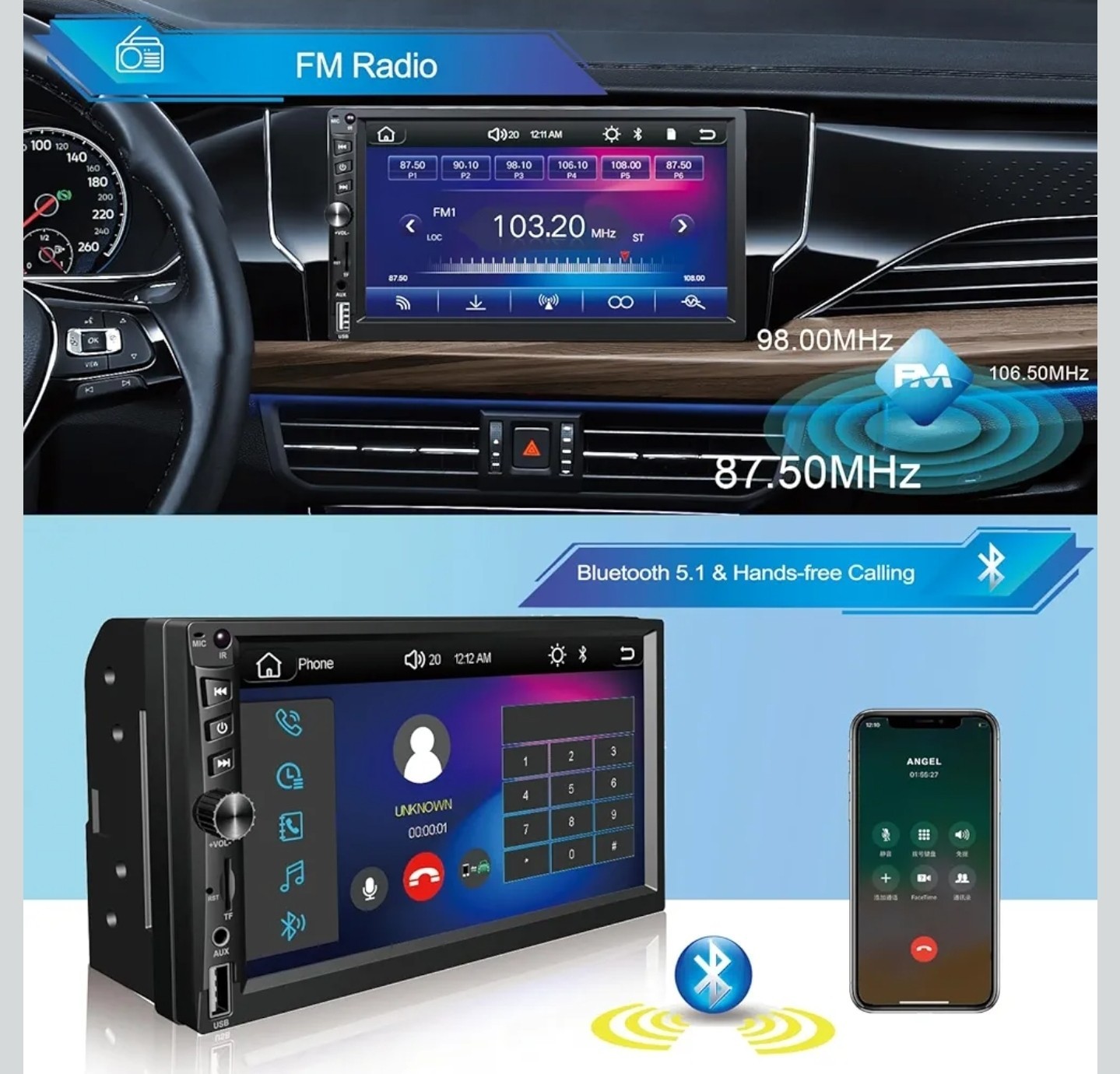 Wireless Double Din Car Stereo Works with Apple Carplay,7 Inch HD 1024 * 600…