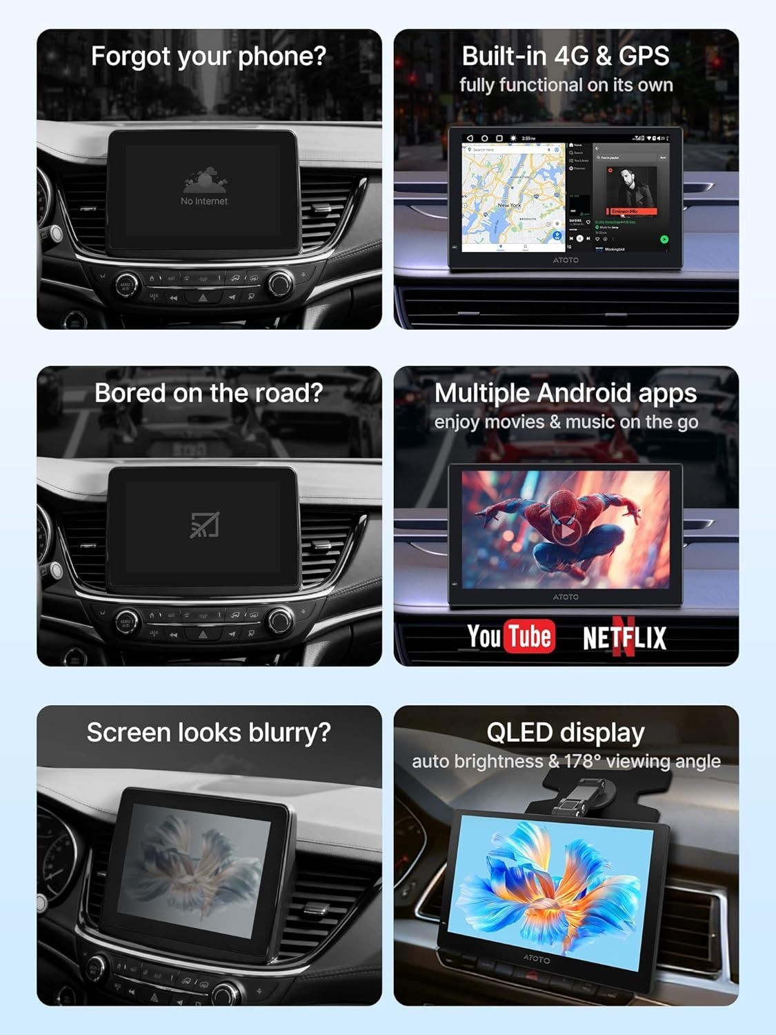 AI Protable Screen 9 QLED Car Display WL Head Unit, 4G LTE Dual-BT AI Voice Das