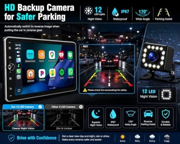 10.1 Inch Single DIN Car Stereo with Wireless CarPlay, Bluetooth 5.2, 720×1280