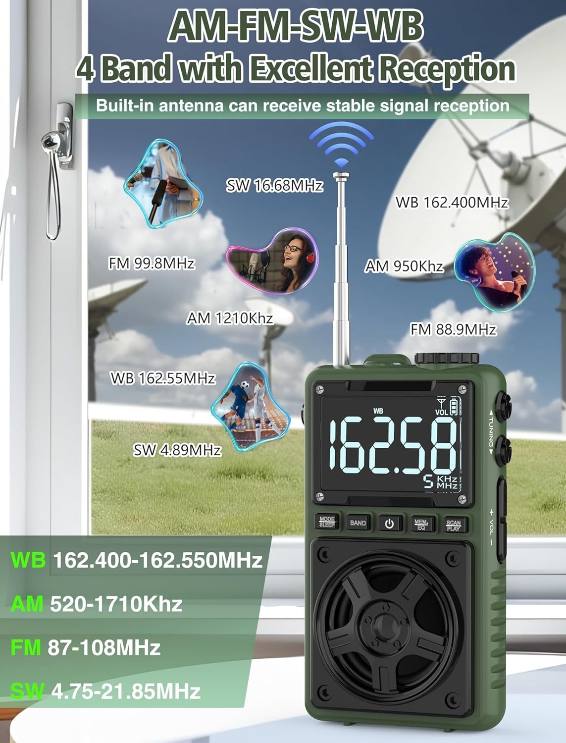 Multi-Band Portable Radio with Rechargeable Battery NOAA Weather Alert and Large