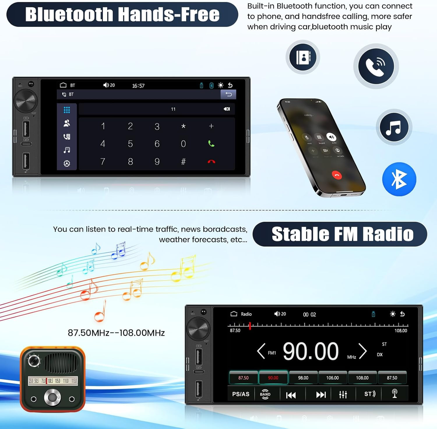 Single Din Car Stereo with Wireless Carplay&Android Auto,6 Inch 1 Din Touchscree