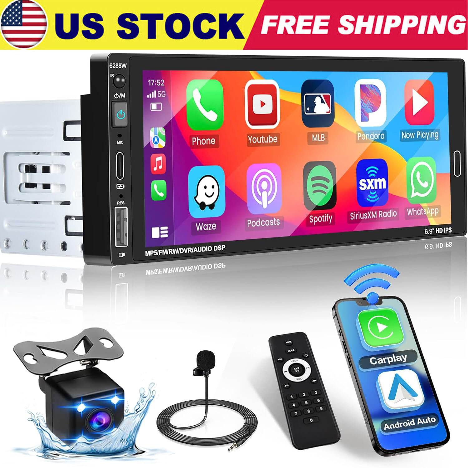 Single Din Car Stereo Wireless Apple CarPlay 6.9 touchscreen Bluetooth Radio USB