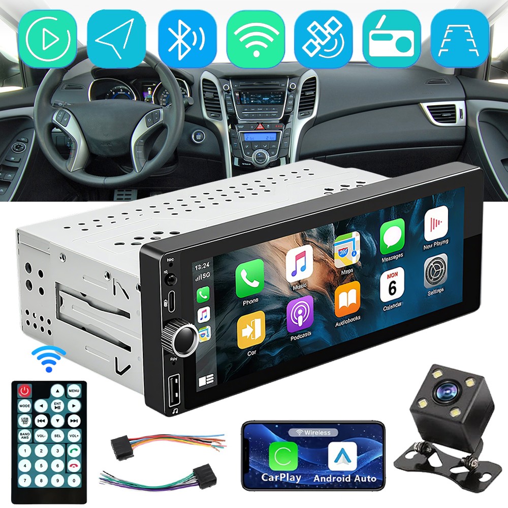 Single 1 Din Car Stereo Wireless CarPlay 6.8″ Touchscreen Bluetooth Radio FM USB