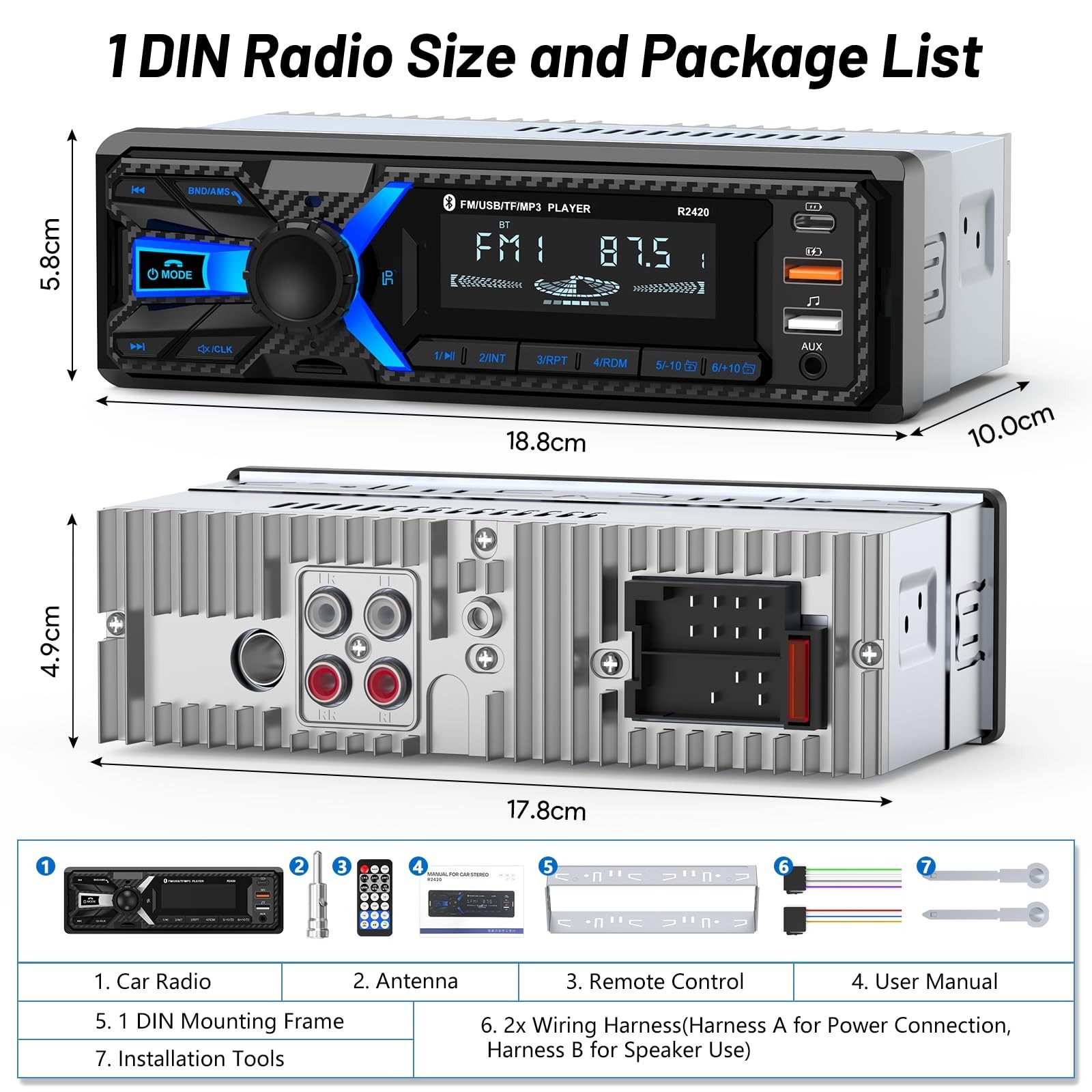 Bluetooth Car Stereo Radio – Single Din FM/AM, USB/AUX/SD, MP3 Player, Hands-Fre