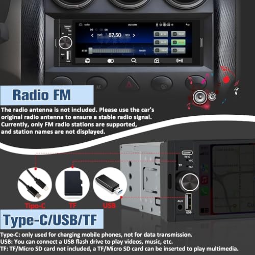 Universal Single Din Car Stereo with Wireless CarPlay & Android Auto, 6.36 inch
