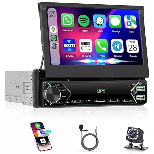 Single Din Car Stereo Wired CARPLAY Android auto, Flip Out Car Radio 7 Inch