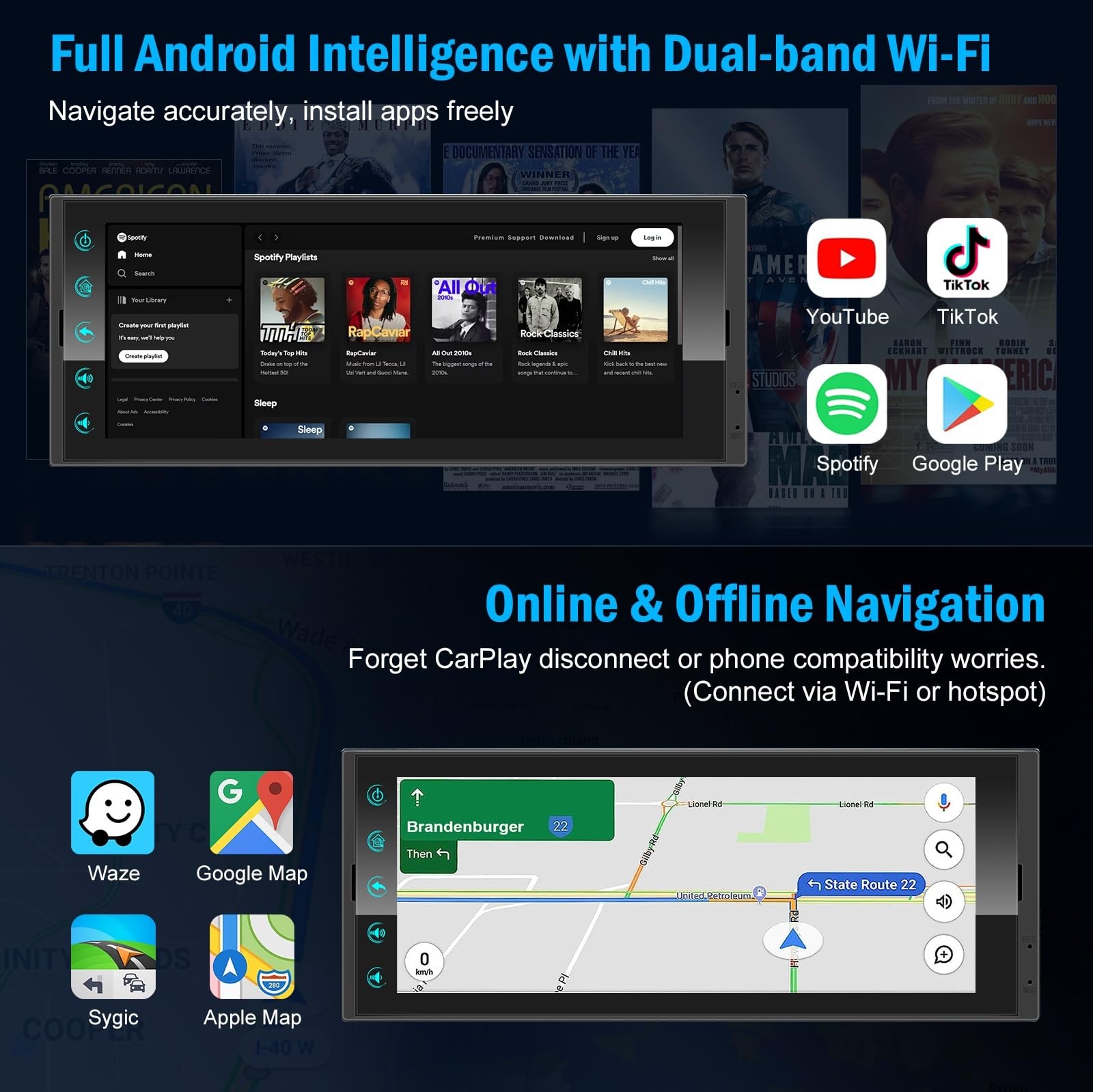Single DIN Car Radio 6.9″ Wireless Apple CarPlay Android Auto Bluetooth 5.2