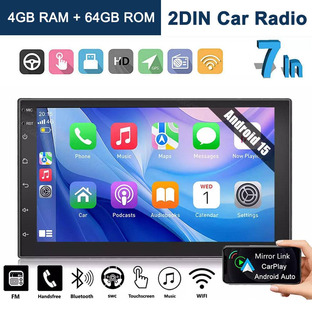 7inch 4+64GB Android 15 Apple Carplay Car Stereo Radio GPS WIFI 2 Din Navigation