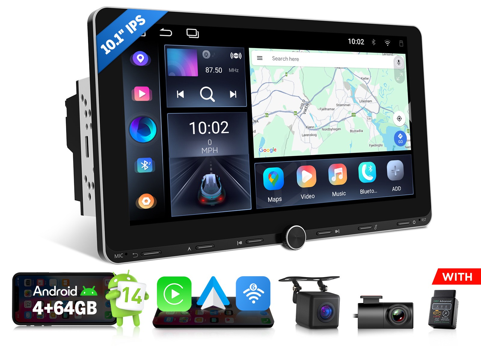 10.1″ IPS Android 14 4+64 Double 2DIN GPS CarPlay Car Stereo Multimedia Player