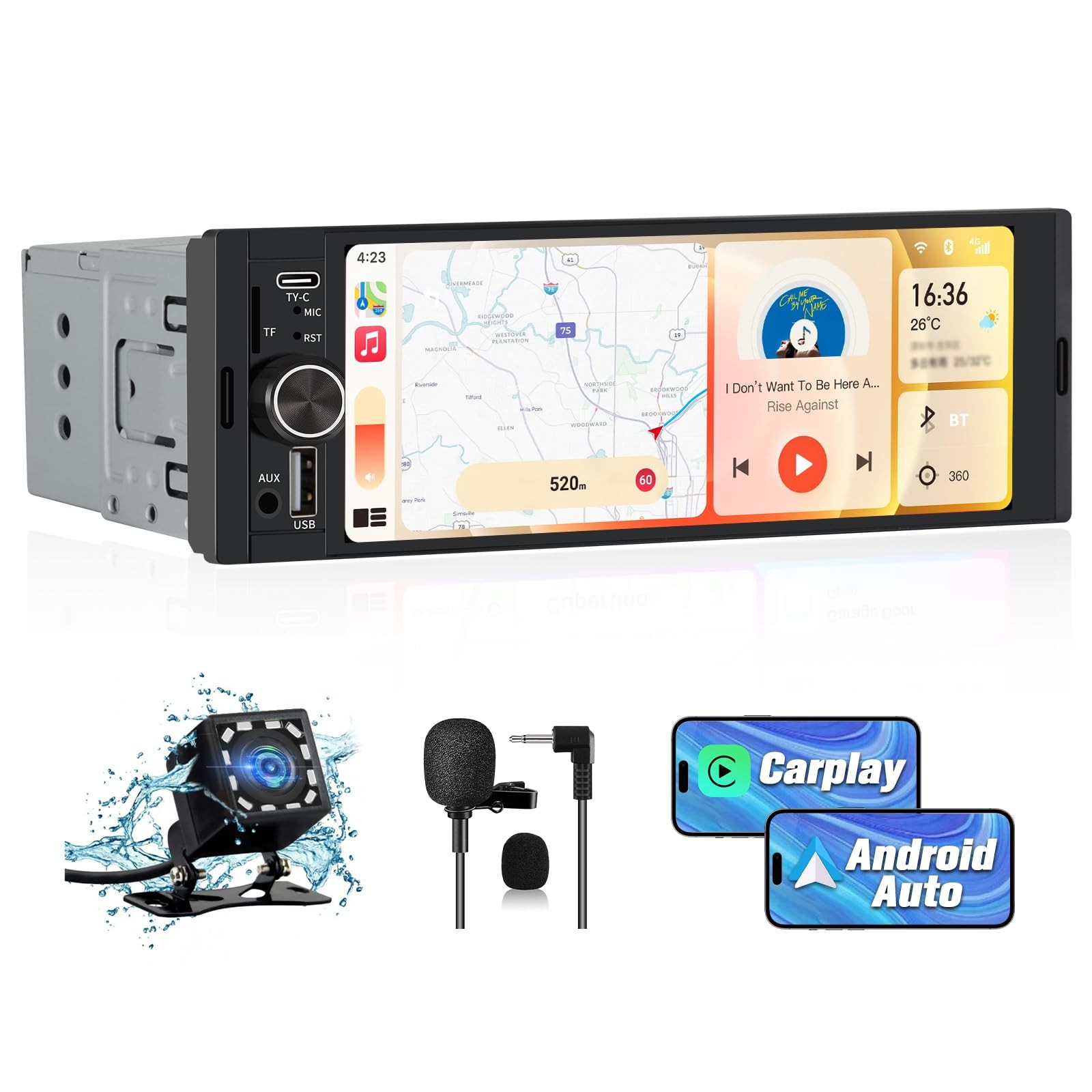 Universal Single Din Car Stereo with Wireless CarPlay & Android Auto, 6.36 In…