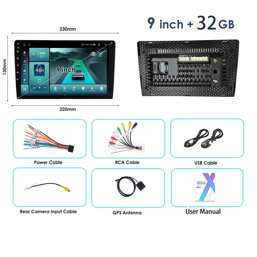 Car Radio 2+32G Wireless CarPlay Android Auto GPS 9″ Double Din HD Touchscreen
