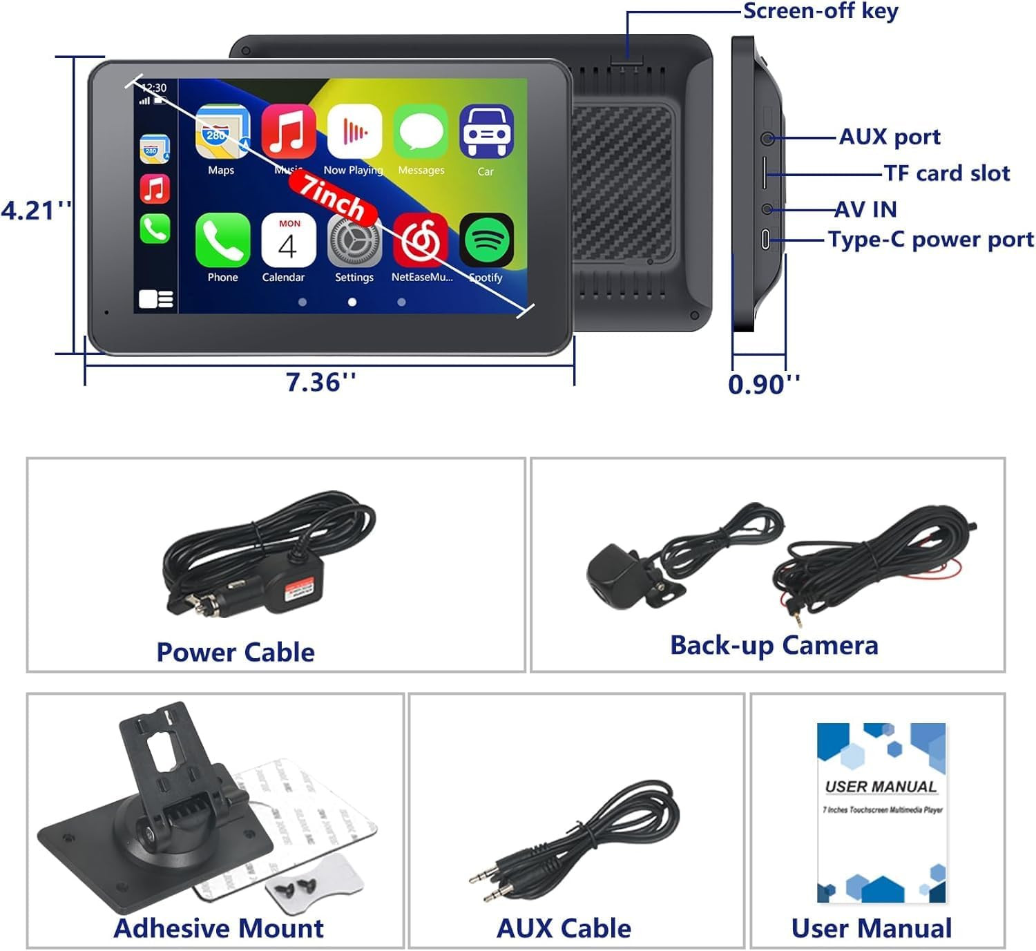 Carplay Screen for Car with Apple Carplay/Android Auto, 7″ Wireless Car Stereo,