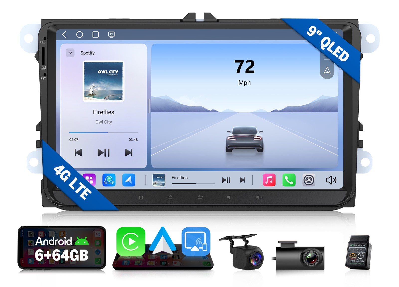 9″ QLED 6+64 Android Car Radio Wireless CarPlay Head Unit for VW Jetta 2006-2015
