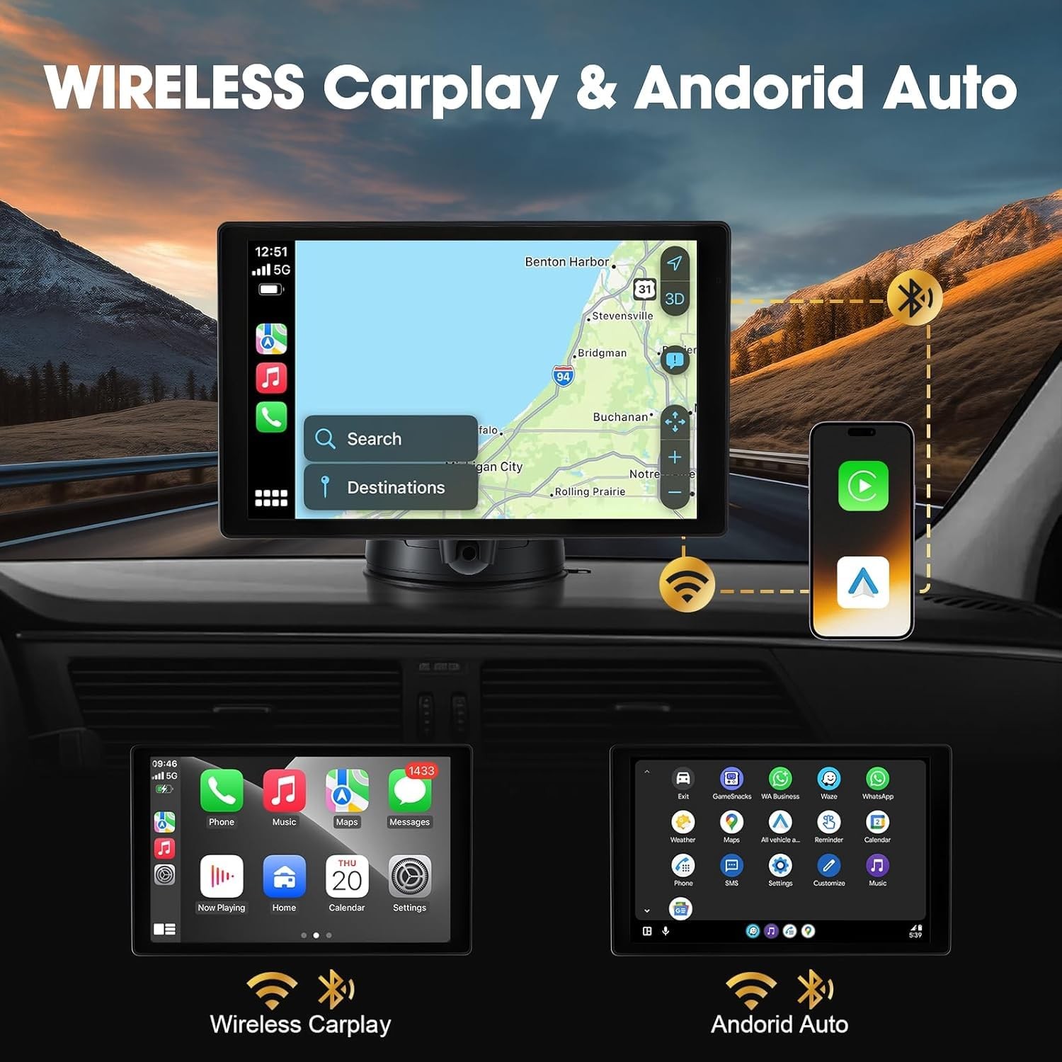 8” Wireless Carplay Screen for Car, Portable Apple Car Play & Android Auto C…