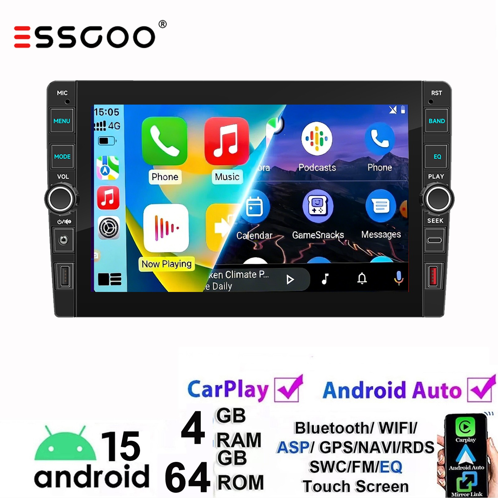 9″ 4+64GB Double 2DIN Android 15 CarPlay Wireless Stereo GPS Radio USB Bluetooth