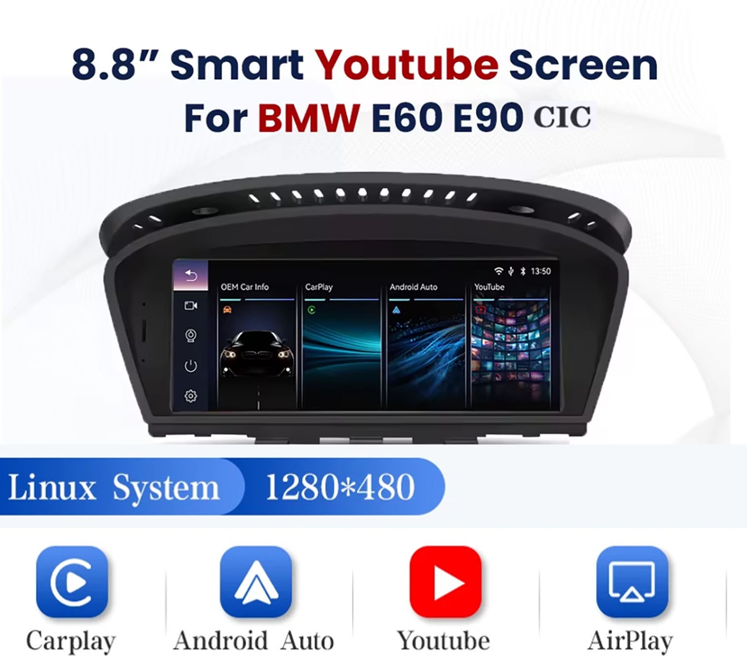 8.8′ Wireless CarPlay Auto TouchScreen Youtube For BMW E90 E60 E63 E64 CIC 09-10