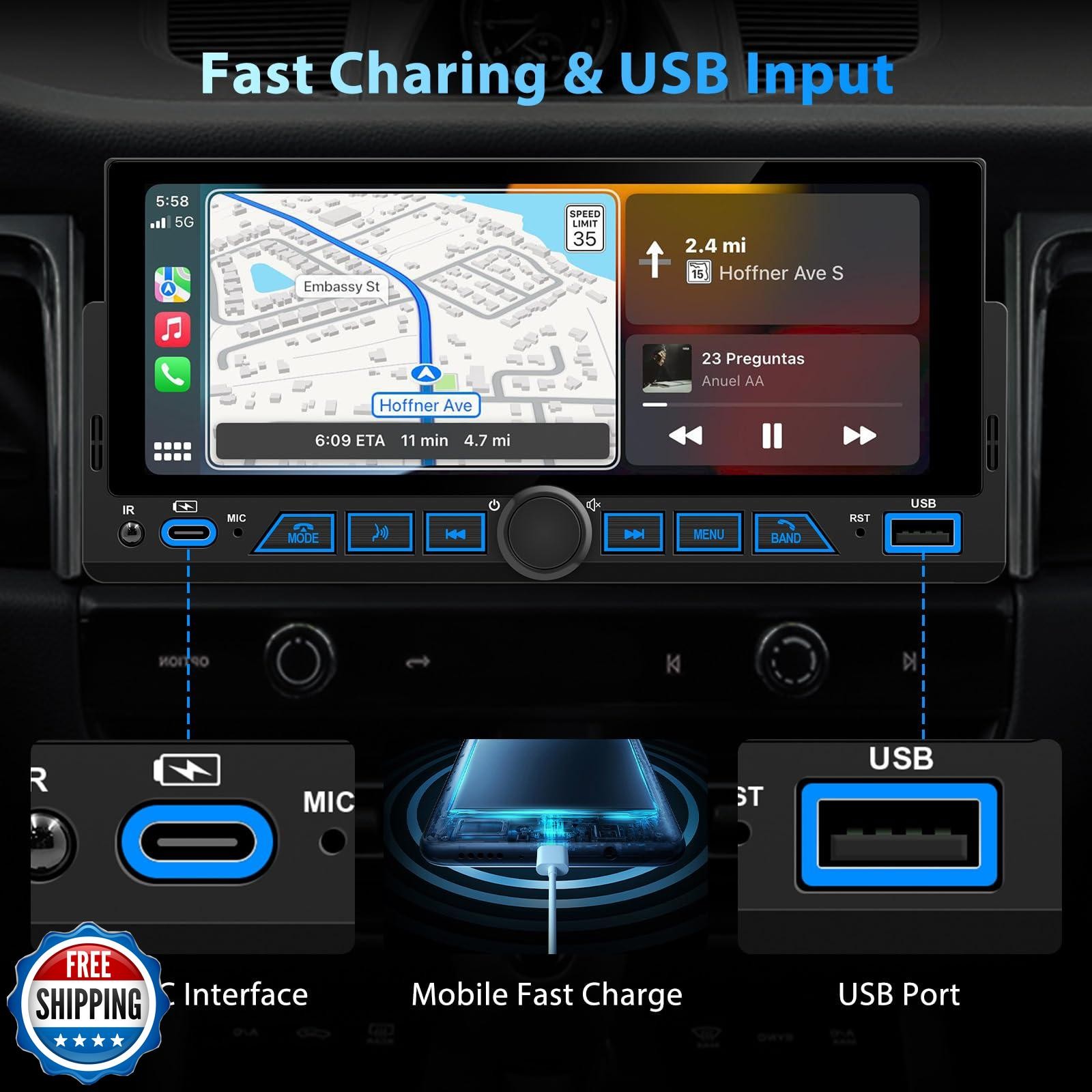 6.86″ Wireless Single Din Touchscreen Radio Apple Carplay Android Auto, Singl