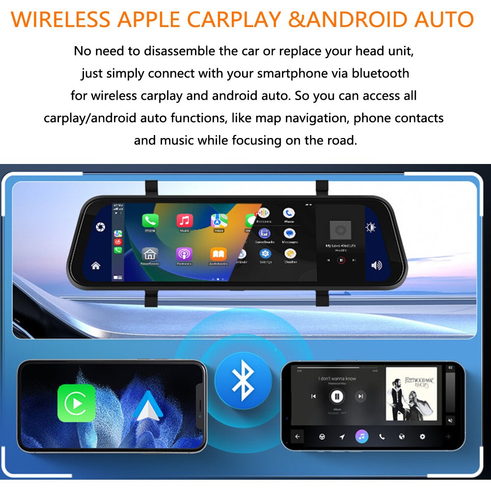 Portable 9.66″ Dash Cam Car DVR Wireless CarPlay Android Auto GPS BT Dual Camera