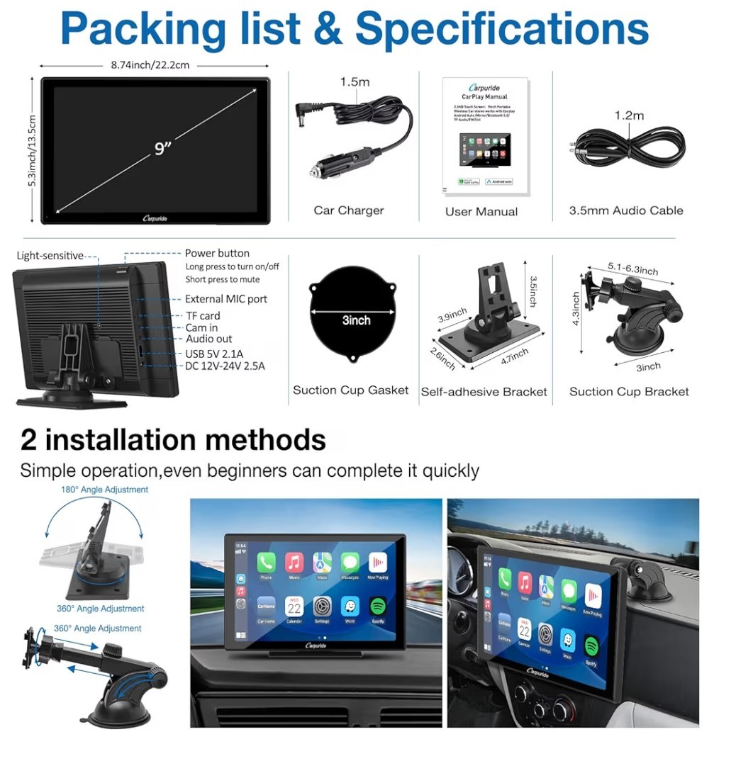Carpuride W901 Pro Portable Carplay & Android Auto with Dula Bluetooth, 9…
