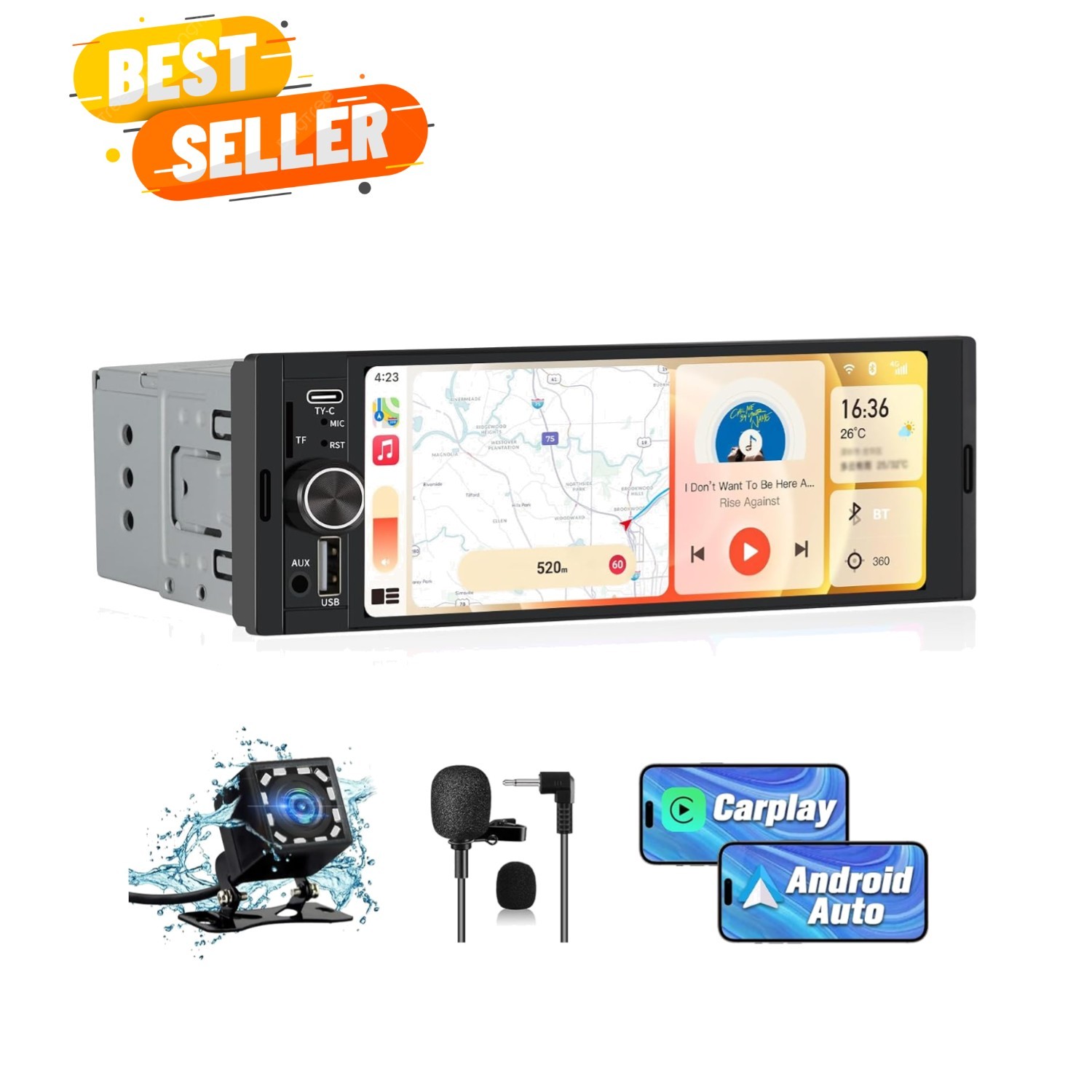 Universal Single Din Car Stereo with Wireless CarPlay & Android Auto, 6.36 In…