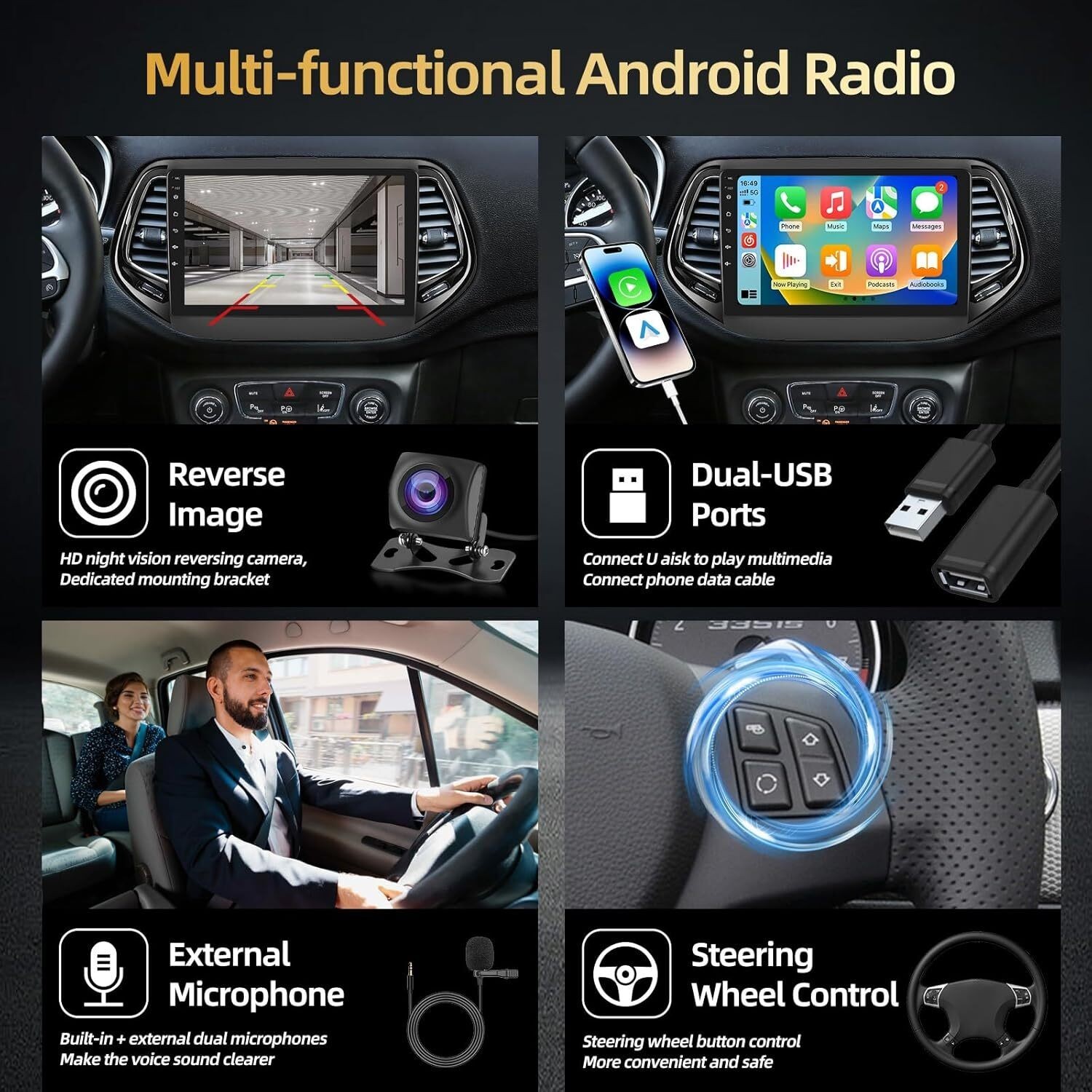 For 2017-2020 Jeep Compass Radio Carplay FM RDS EQ Cam Head Unit