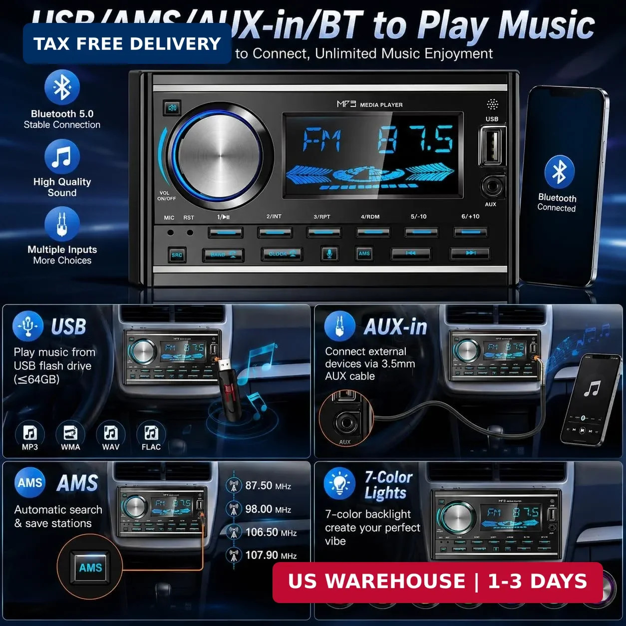 Double DIN Bluetooth Car Stereo Audio Head Unit Hand-Free FM Radio USB AUX Input