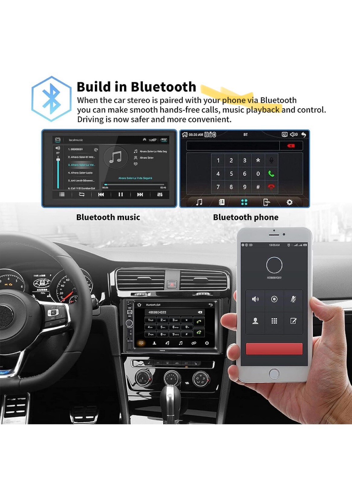 Sanptent Black 7 Inch HD Touchscreen Bluetooth FM Radio Double Din Car Stereo